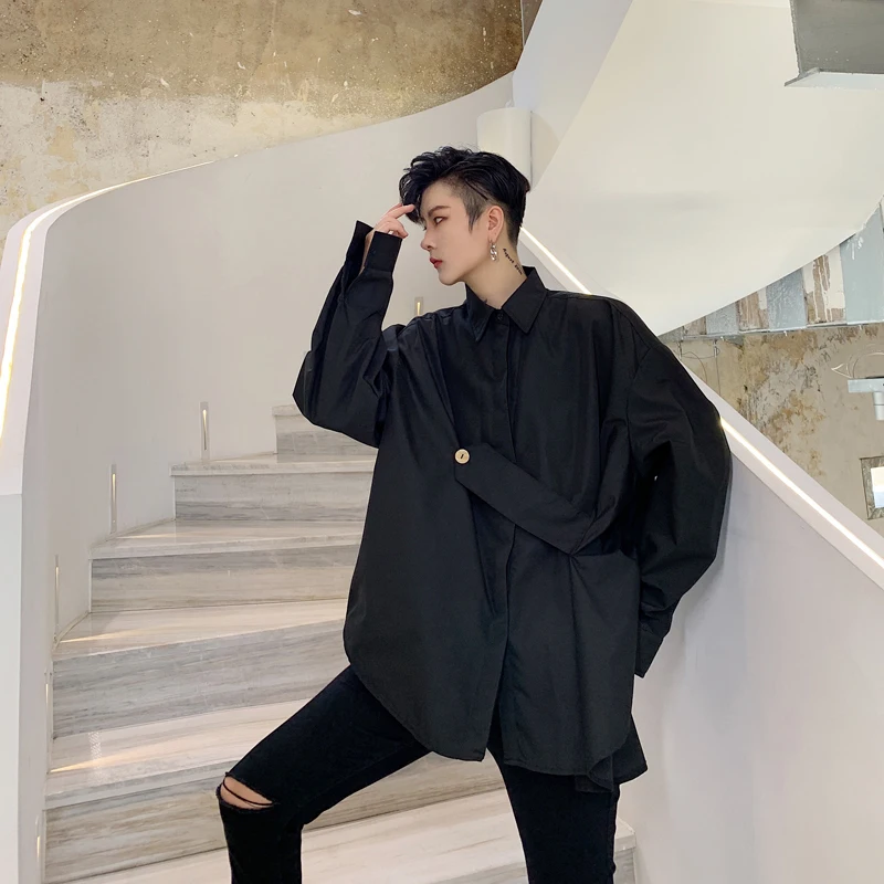 S~ 6XL! На заказ размер плюс мужской трендовый средней длины сплошной цвет личности корейский Свободный парикмахер прилива мужской рубашки