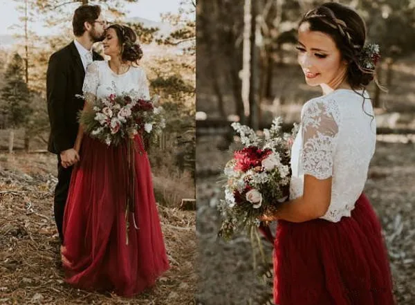 2018-country-wedding-dress-vintage-two-pieces-ivory-lace-top-dark-red-burgundy-tulle-skirt-floor-length-bridal-gowns-bridesmaid-dresse (3)_副本