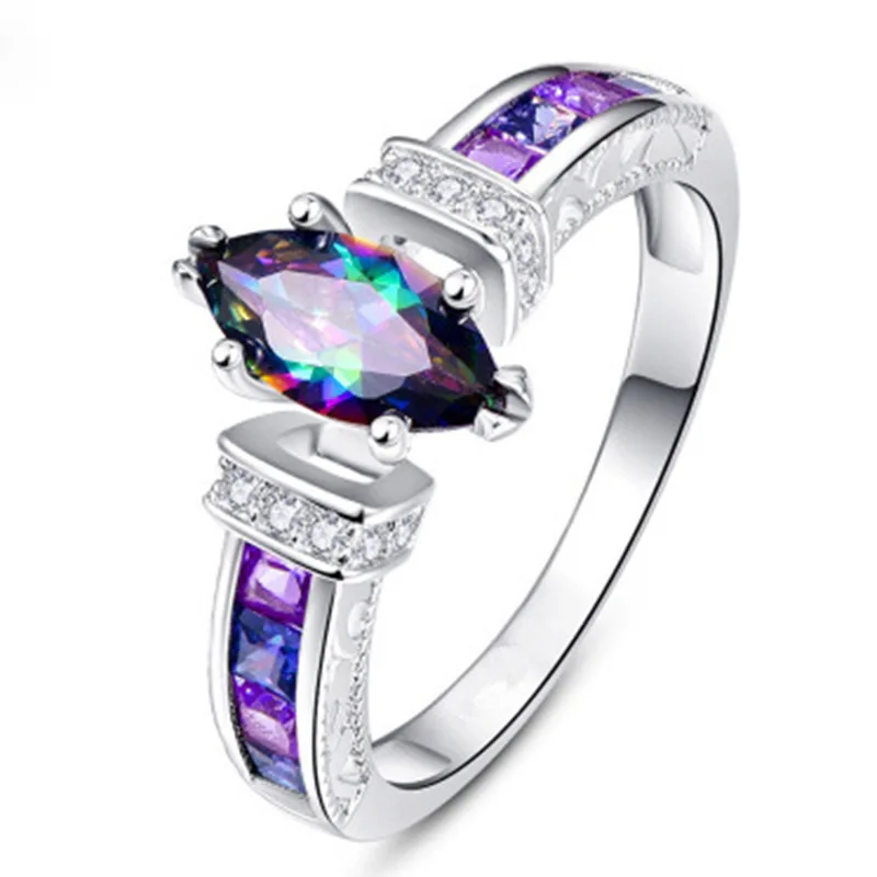 Fashion Marquise Cut Rainbow Color Crystal Ring For Women Charm Colorful Zircon Bridal Wedding Engagement Jewelry Gift | Украшения и