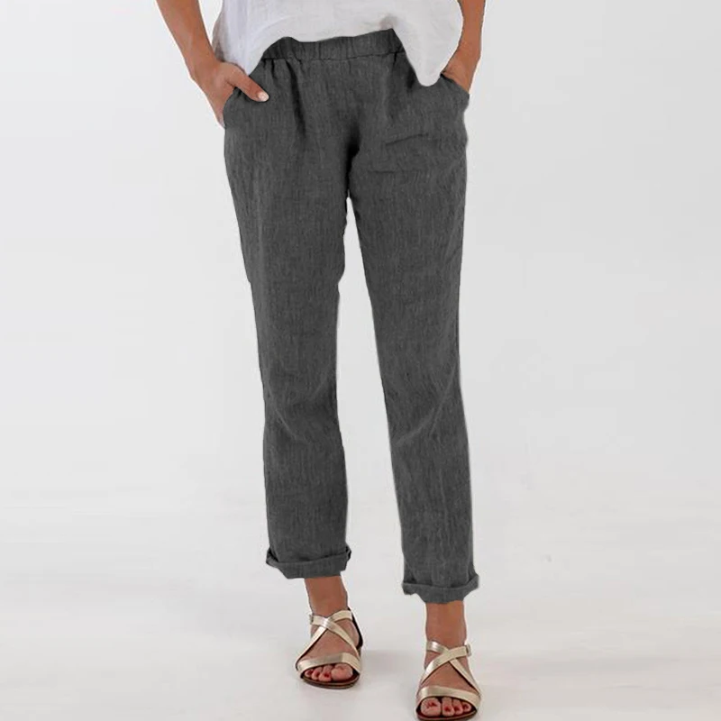 Женские однотонные рабочие брюки ZANZEA модные эластичные талии прямые повседневные брюки свободные карманы уличный сверхразмерный женские брюки - Цвет: Серый