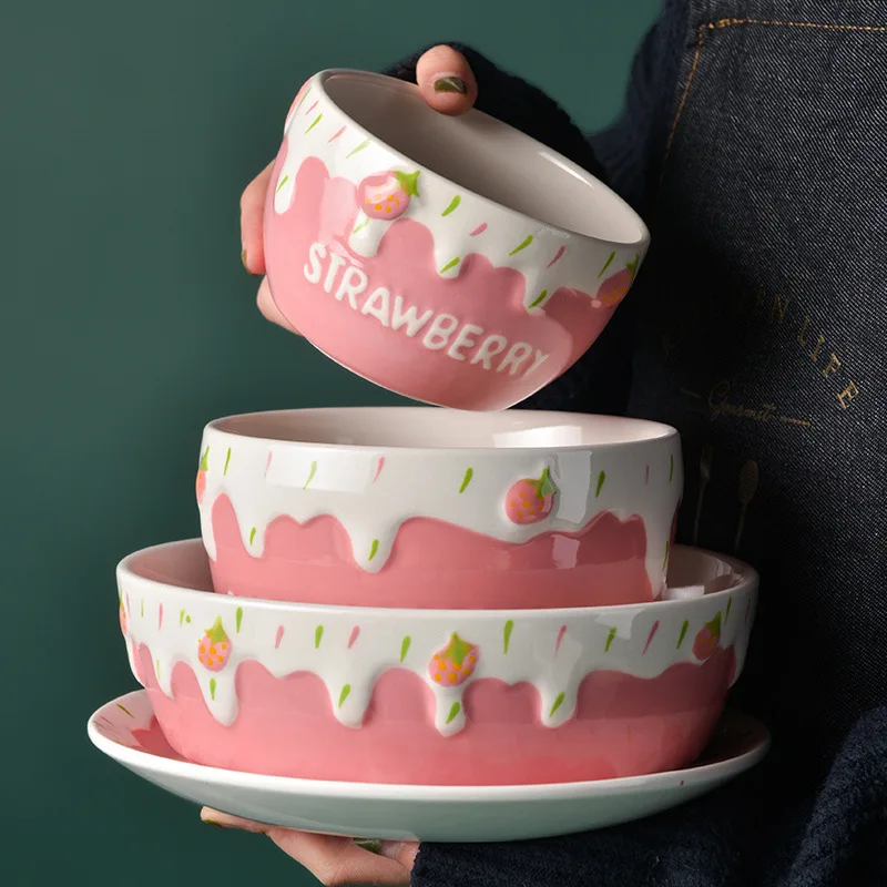 

Pink Strawberry Ceramic Home Breakfast Bowl Creative Instant Noodles Large Fruit Salad Girl Heart Dessert