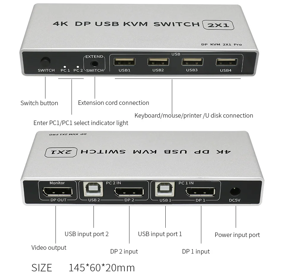 듀얼 포트 8K 디스플레이 포트 KVM 스위치, USB 디스플레이 포트, KVM 144Hz DP 스위처, 4KX2K/60Hz