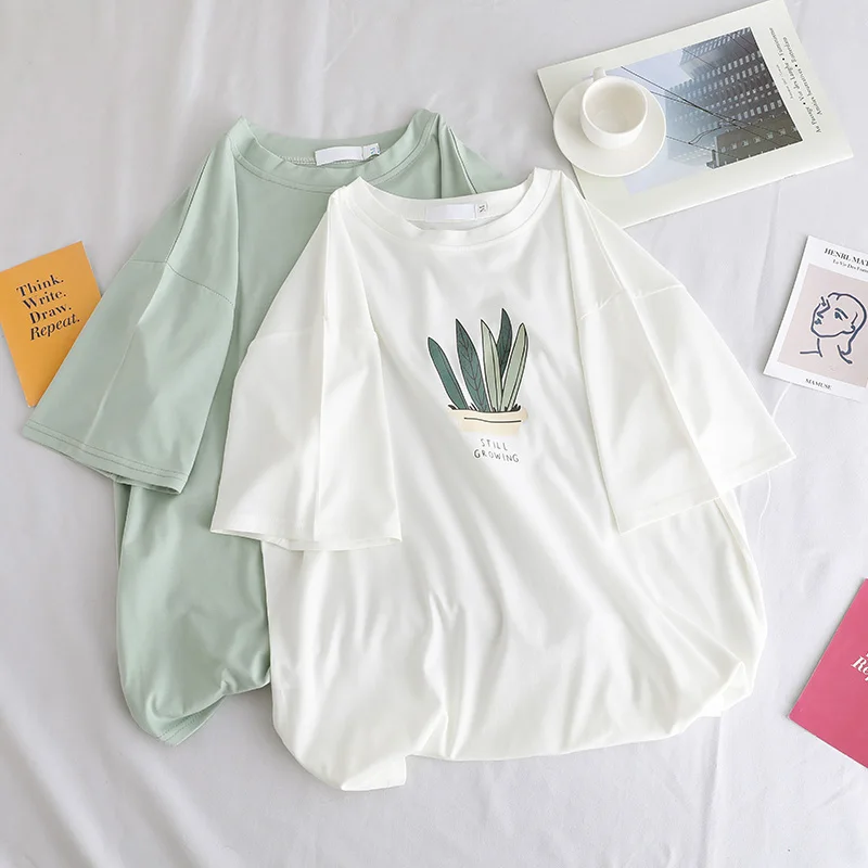 Летняя Новинка, свободная футболка, Женская Корейская футболка Kawaii, женская футболка с забавным принтом, короткий рукав, футболки harajuku, белые, зеленые Топы для женщин