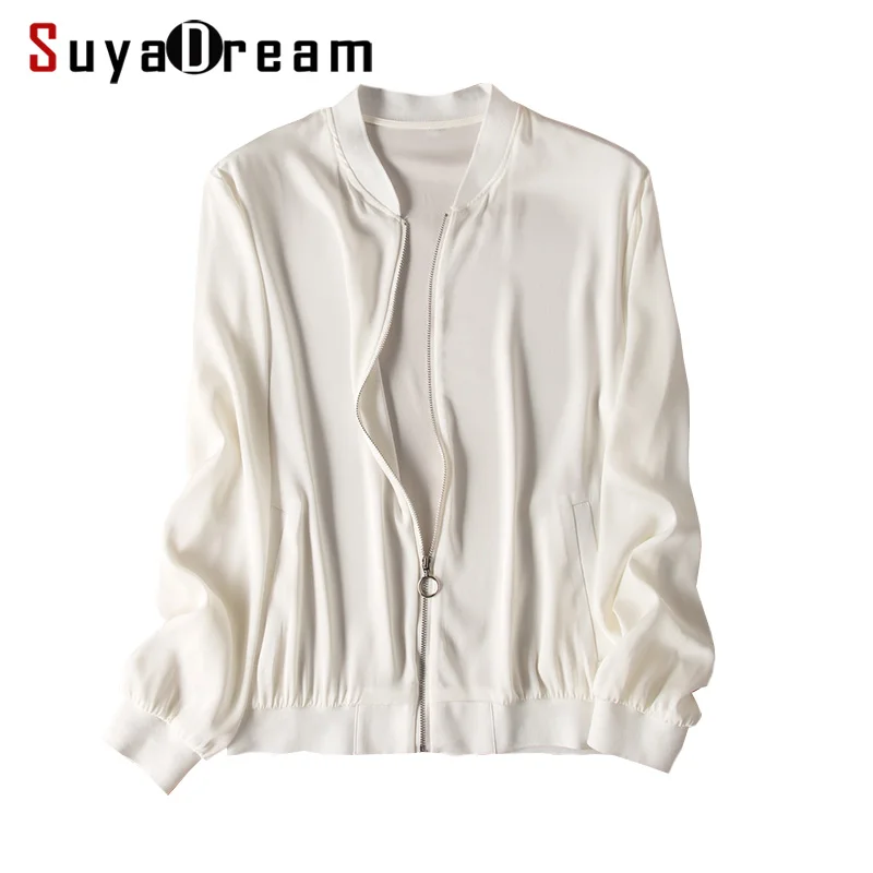 

Women Casual Jacket 100%Real Silk Crepe Zipper White Plain Jackets 2019 Fall Winter New Solid White Outwear