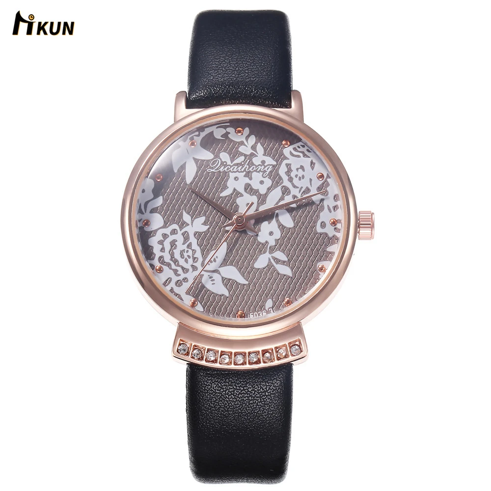 

2019 New Style Fashion Brand Watch Women Wristwatch Quartz Printed Flower Leather Strap Clock For Ladies Gift Relogio Feminino