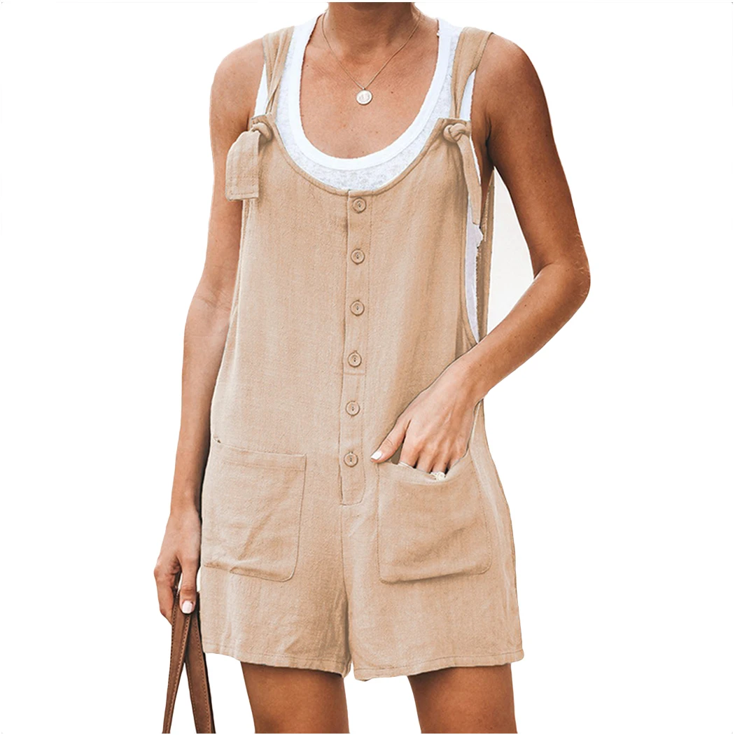 Khaki Boho пляжные Хлопчатобумажные Шорты Комбинезоны женские летние комбинезоны без рукавов Повседневные однотонные комбинезоны с карманами женские комбинезоны - Цвет: Khaki