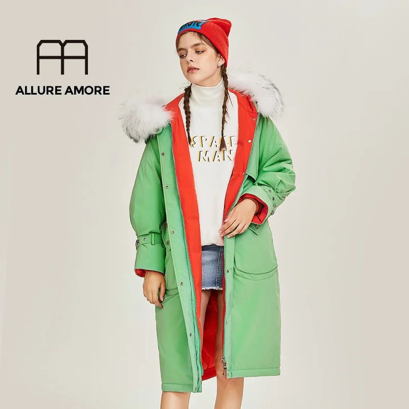 Allure Amore, белый утиный пух, водонепроницаемые куртки для женщин, зимние, теплые, настоящий, большой мех енота, с капюшоном, пальто, женские, пуховики, длинные пальто - Цвет: Lime green