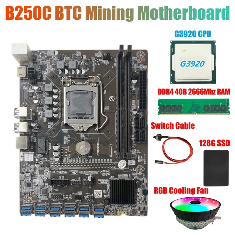 B250C BTC Miner Motherboard+G3920 CPU+RGB Fan+DDR4 4GB 2666Mhz RAM+128G SSD+Switch Cable 12XPCIE to USB3.0 GPU Card Slot motherboard