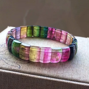 

Certificate Natural Colorful Tourmaline Clear Rectangle Beads Bracelet Bangle 11/7.3/4.2mm For Women Men Stretch Crystal AAAAA
