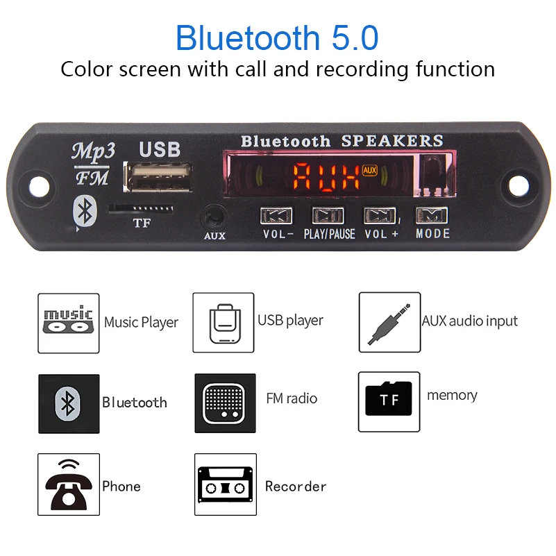 

Bluetooth 5.0 MP3 Decoder Board WMA WAV FLAC APE 12V Wireless Audio Module Color Screen USB TF FM Radio With Call Recording