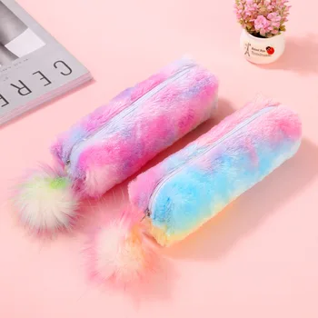 

2019 new rainbow color plush pencil case student large capacity stationery storage bag ladies plush sequin pencil case