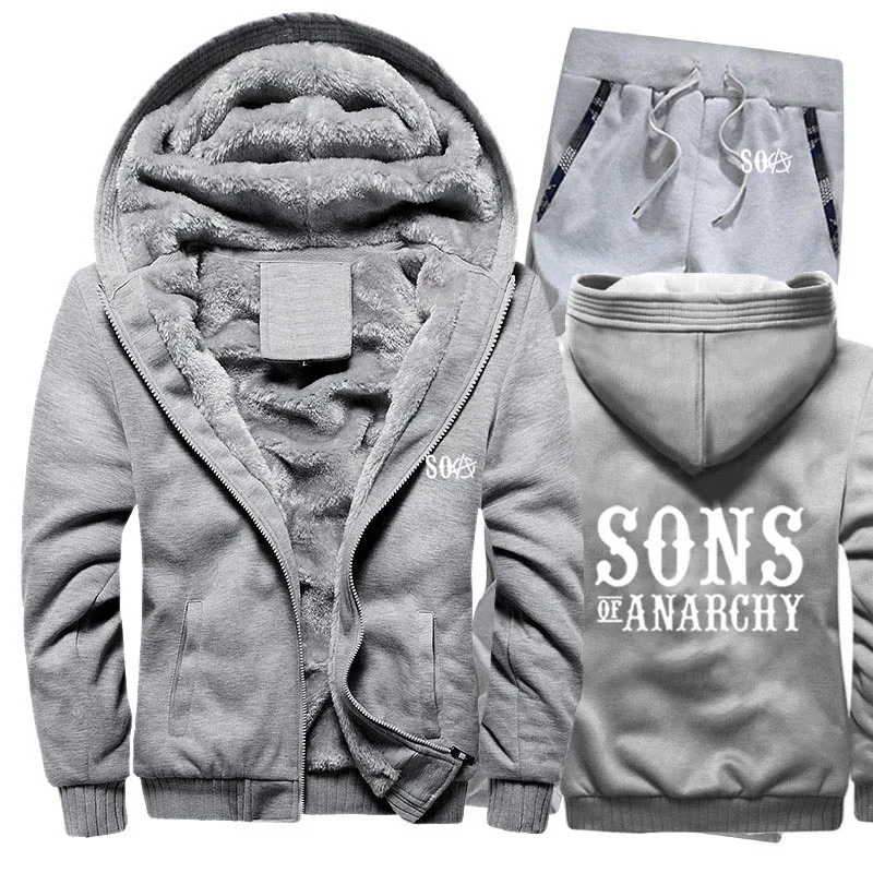 SOA Sons of толстовки анархия мужской костюм зимний флис утолщаются теплые молнии пальто толстовка мужские толстовки куртка+ брюки 2 шт. наборы