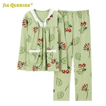 

Green Pj Set Long Sleeve Long Pants Sleepwear Fashion Style Casual Style Woman Pajamas Set Spring Autumn Homesuit Homeclothes