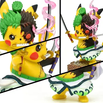 ゾロ×ピカチュウ PVC 4" Pokemon Anime Kawaii Pikachu Cosplay Roronoa Zoro Action Figure Statues GK Collection Birthday Gifts Funko Pop It 5