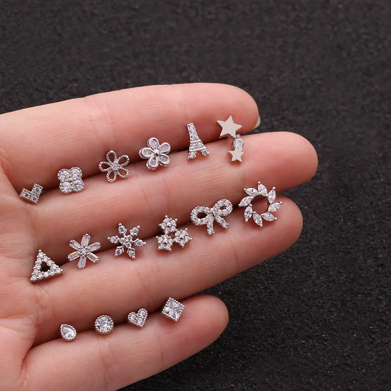 1PC 18G Tower Heart Flower Star Stainless Steel Barbell Piercing CZ Ear Tragus Cartilage Helix Snug Piercing Stud