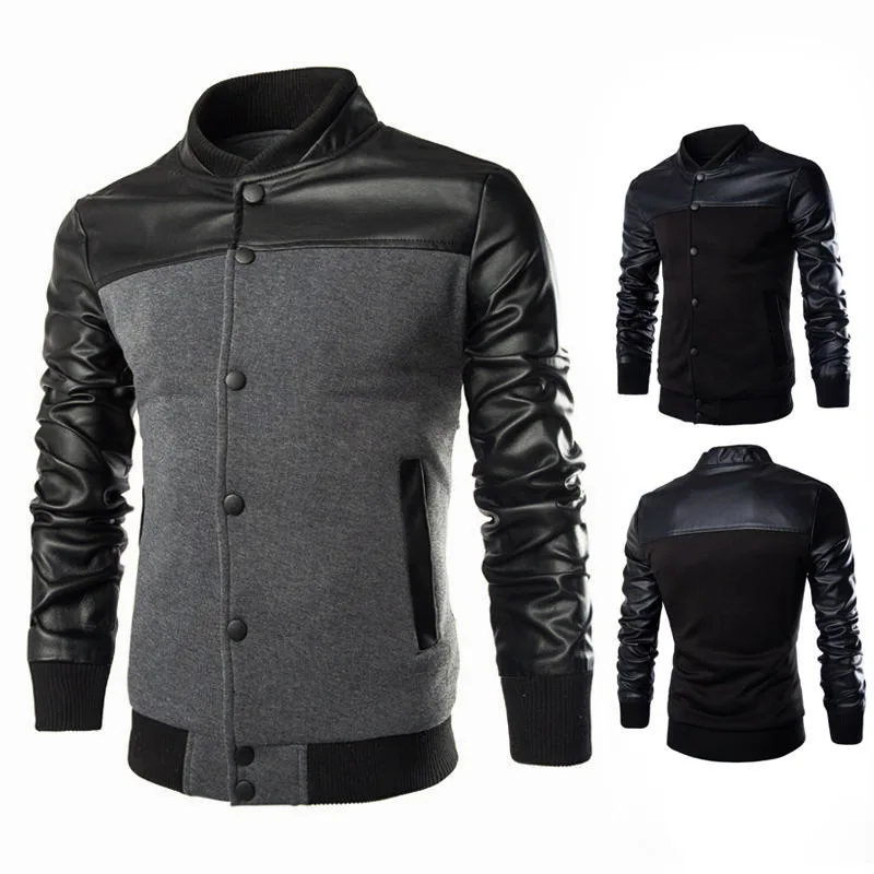 New autumn and winter men's stitching baseball uniform jacket PU leather stitching jacket  leather patchwork stand mens coats 1