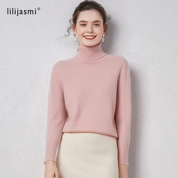 

2020 Cashmere Ribbed Loose Turtleneck Sweater Women Unibody Knit seamless Fall Winter Solid Turn-down Collar Pullover Jumper