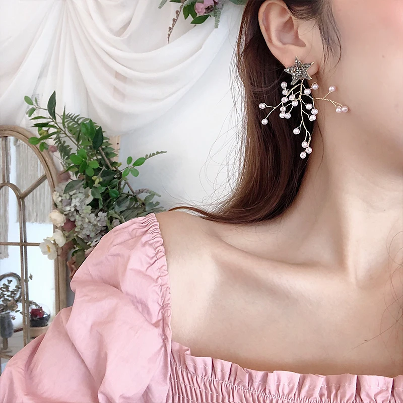 

2019 New Arrival Metal Hyperbole Women Dangle Earring Korean Pentagonal Star Earrings Female Tree Branch Pearl Jewelry
