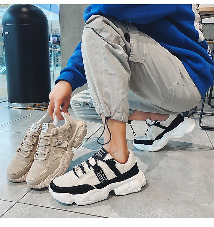 Men's Chunky Sneakers Fashion Thick Bottom Patchwork Upper Dad Shoes Solid Color Lace-up Outdoor Leisure Non-slip Men Shoes