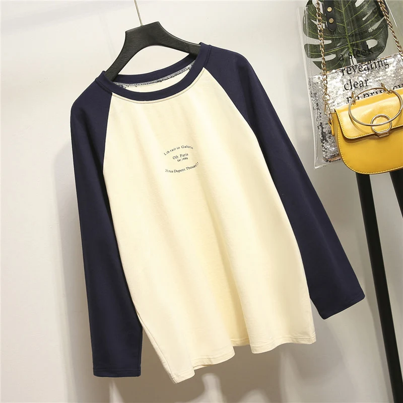 New Large Size Autumn Women's T-shirt Round Neck Long Sleeve Patchwork Femme T-shirt Casual Clothes For Women - Цвет: apricot