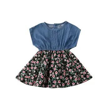 

2020 Kids Baby Girl Dress Denim Lace Flowers Print A-Line Dress Outfits Clothes Summer Sunsuit