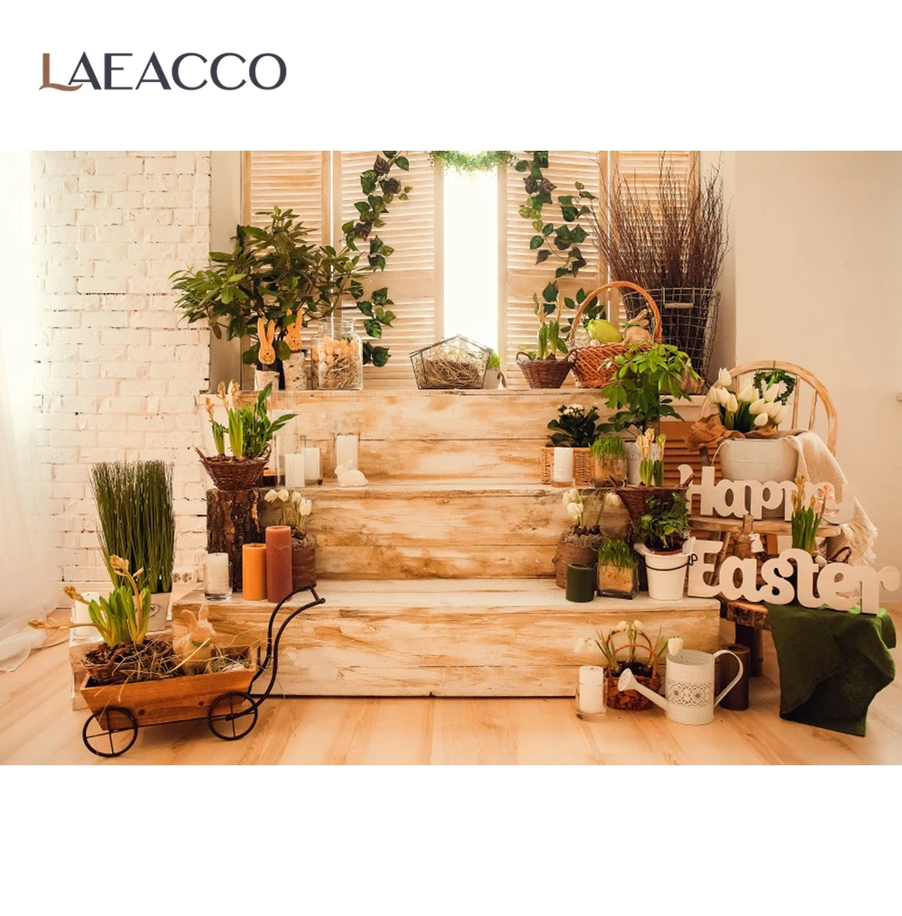 

Vinyl Background Photography Happy Easter Festivals Cozy Decor Gray Brick Wall Candle Spring Potted Flowers Baby Photo Backdrop
