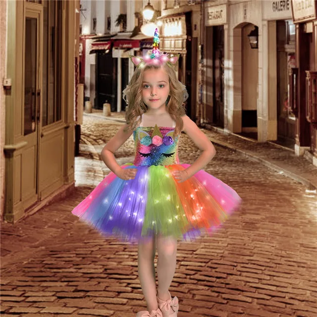 Jupe Tutu lumineuse pour filles, robe licorne, Costumes de Festival pour  enfants, robe princesse avec lumières