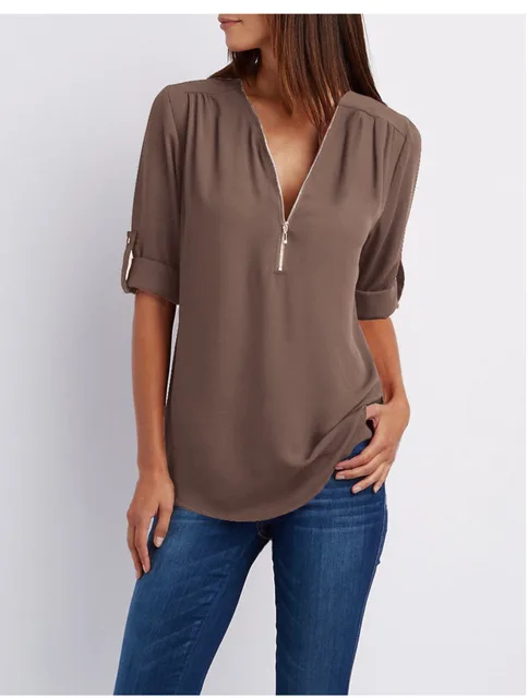 Women Shirts Summer Autumn Casual V-neck Chiffon Blouse Women Top Camisa Feminina Long Sleeve Black White Ladies Blouses Shirt Coffee
