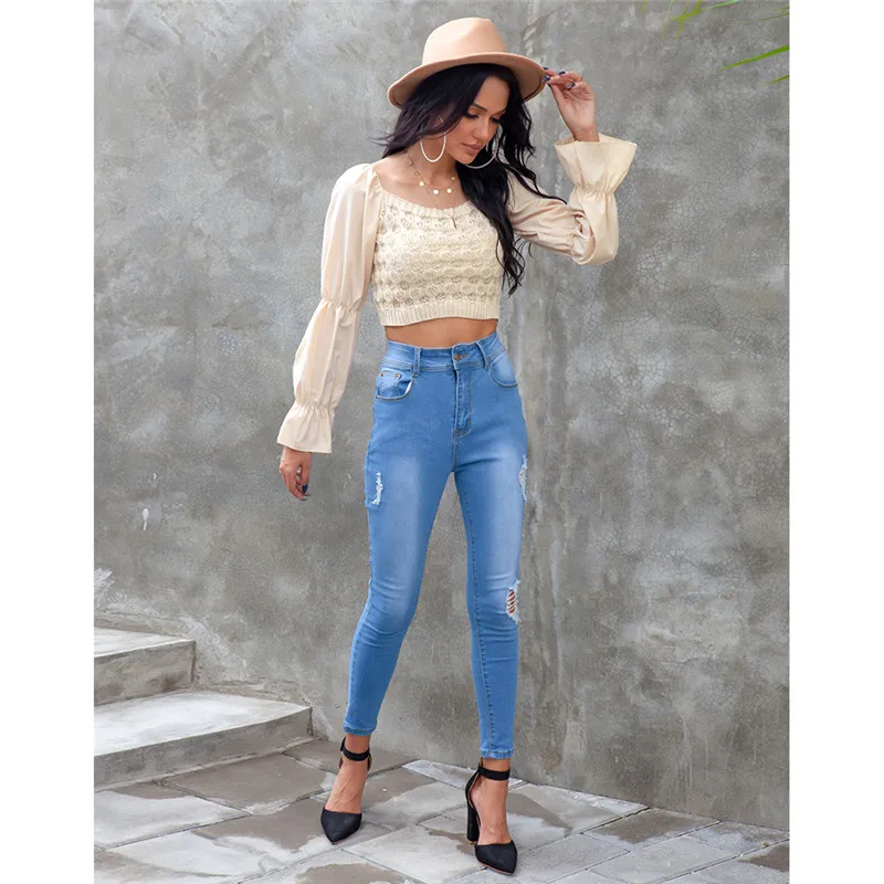 New Women's Puff Sleeve Knit Top Long Sleeve Round Neck Short T-shirt Sexy Casual Pullover Party Clothing Street Wear