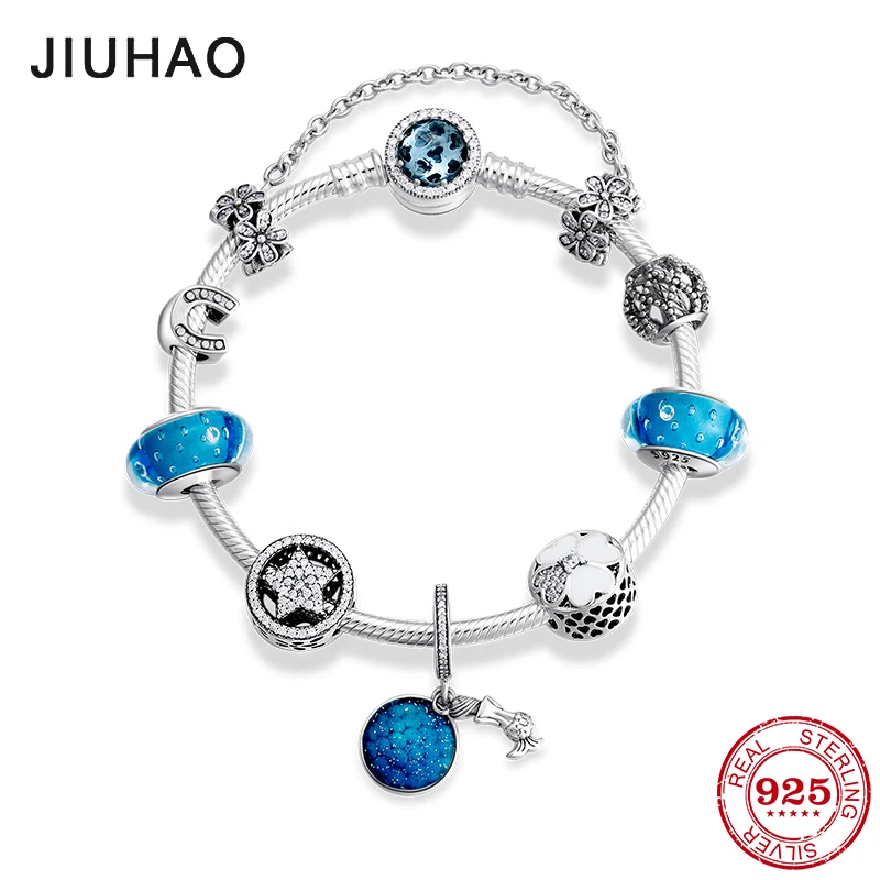 

New 925 Sterling Silver Mermaid pendants Bracelets Blue Glass Beads Charms Fashion woman Bracelet Bangles Luxury Jewelry