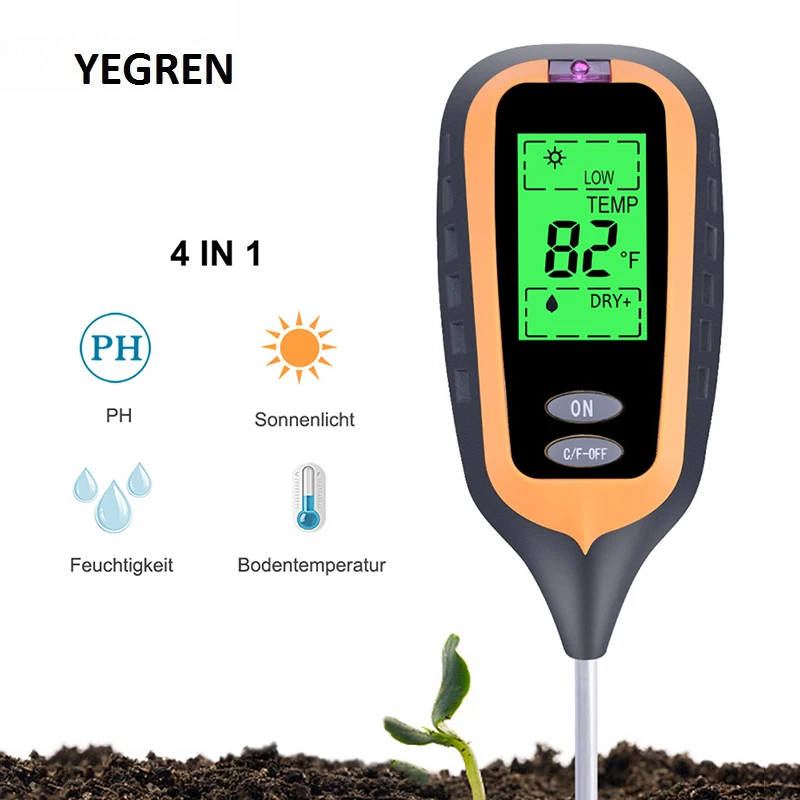 

4 in 1 Soil Survey Instrument Digital PH Meter Soil Sunlight Hygrometer Temperature Tester with LCD Display for Farm Planting