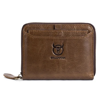 

BULLCAPTAIN Brand Genuine Leather Men Wallets Vintage Casual Zipper Man Wallet Short Design Purse s Credit Card Holder BROWN