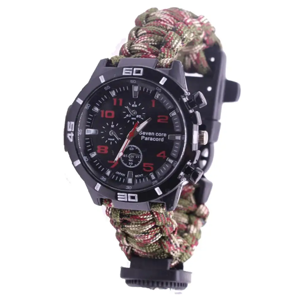 

Survival Watch Outdoor Camping Medical Multi-functional Compass Thermometer Rescue Paracord Bracelet Equipment Tools kit