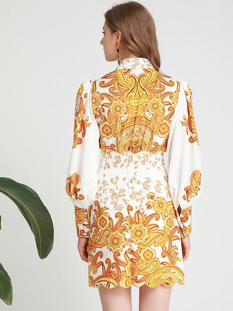 MoaaYina Fashion Designer Suit Spring Summer Women lantern Sleeve Floral-Print Shirt Tops+High waist Short skirt Two-piece set