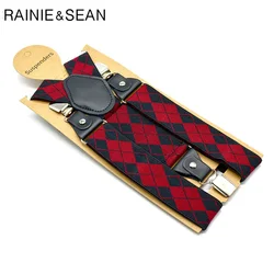 RAINIE SEAN Red Plaid Mens Suspenders Braces British Style Adjustable Y Back Suspender Belt 3 Clips with Leather Male Braces