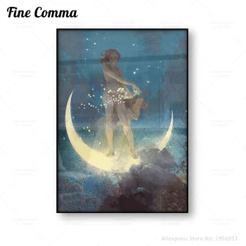 

Moon Goodess Wall Art Print Celestial Vintage Poster Spring Scattering Stars Night Crescent Moon Canvas Print Decor Painting