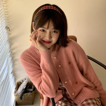 

4 colors 2020 autumn korean style love embroidery soft o neck knittd cardigans womens Sweet sweaters Cardigans womens (C8017)