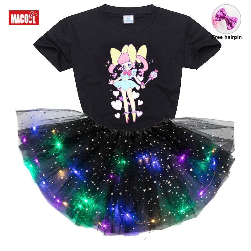 

Girls Dress Sets 2021 Fashion DIY Girl Dress Girls Short Sleeve T-shirt+Luminous Skirt+hairpin 3pc Set Girls Dress Kids Dresses