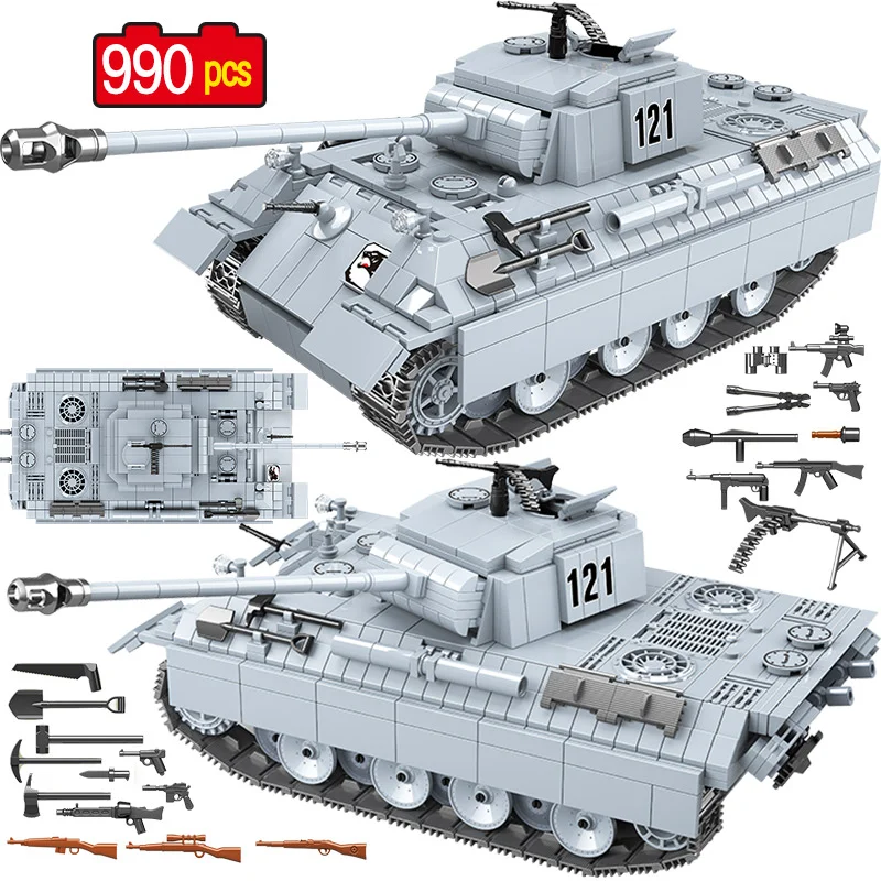 

990PCS Military Building Blocks Technic Panther Tank 121 WW2 Tank Army Soldier Figures Weapon Bricks brick game Toys for Boys