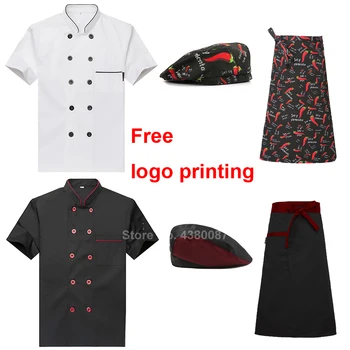 

Kitchen Man Chef Jacket Uniform Bakery Restaurant Food Service Short Sleeve Shirt Apron Double Breasted Clothes Free Logo Print