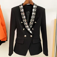 Veste de créateur à Double boutonnage avec diamants et Strass pour femme, Blazer à col châle et perles, nouvelle collection 2022 