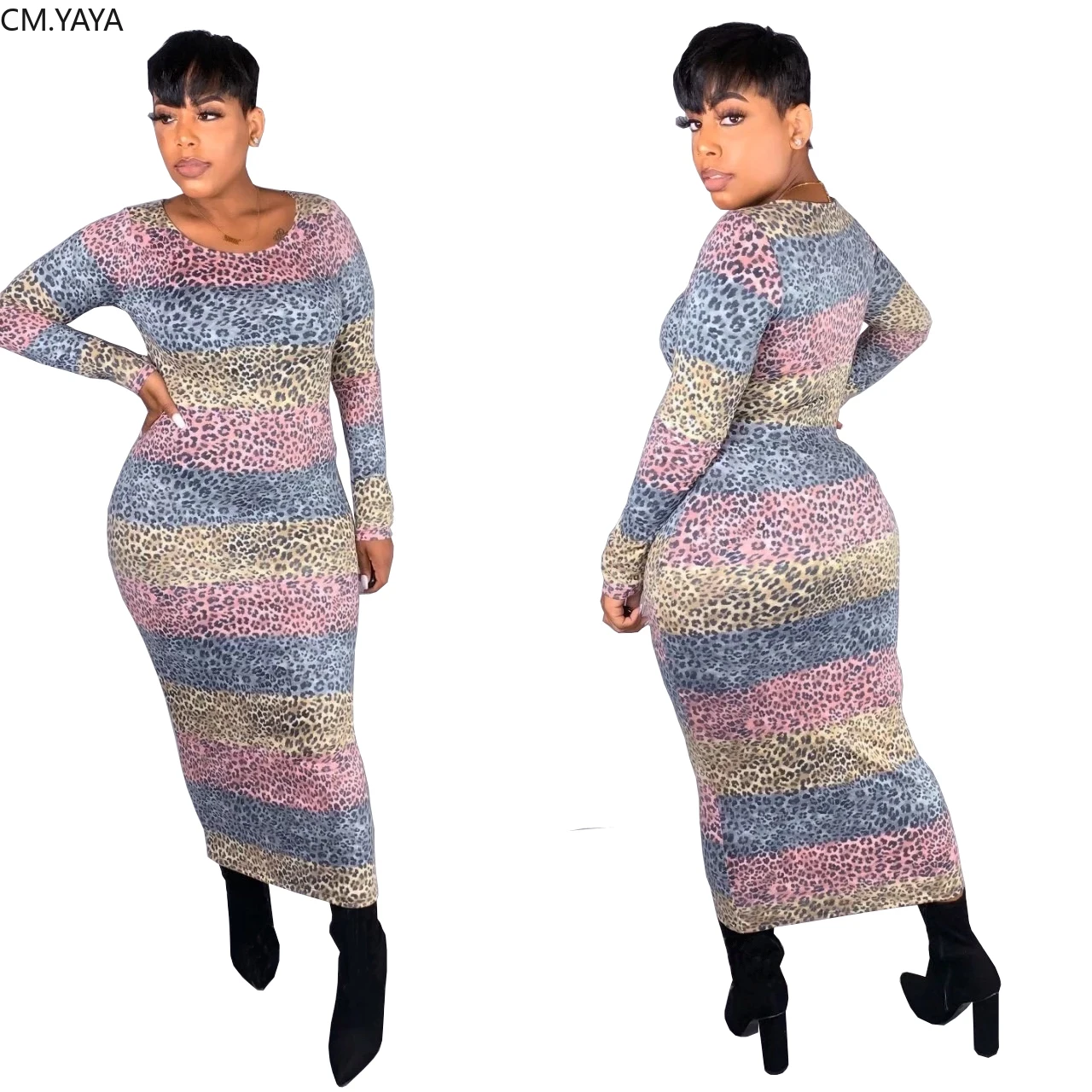 2019 Autumn Women Winter O Neck Full Sleeve Dress Leopard Print Mid-Calf Sexy Casual Club Night Party Bodycon Long L8103 | Женская