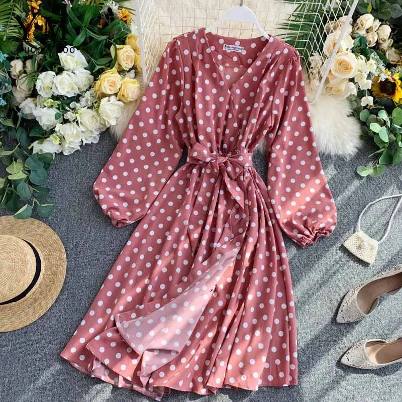Pink YuooMuoo Fall Korean Style Women Polka Dot Midi Dress Ins Hot Sashes Vintage Elegant Long Sleeve Green Dress Ladies Dresses - Color: Pink