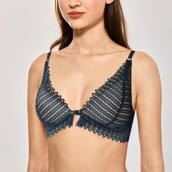 

Elegant Front Closure Bras for Women Lace Knitted Triangle Cup Brassier Wireless Soft Light Padded No Rims Bralette Underwear