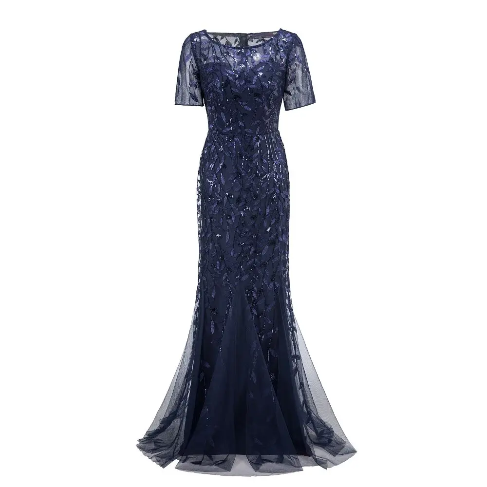 Navy Blue Вечерние платья размера плюс, Русалка, круглый вырез, короткий рукав, кружево, аппликация, тюль, Длинные вечерние платья, халат, вечерние сексуальные платья, vestido - Цвет: Navy Blue