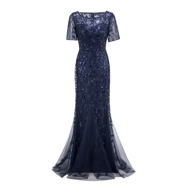 Plus Size Evening Dresses Mermaid O Neck Short Sleeve Lace Appliques Tulle Long Party Gown Robe Soiree Sexy Formal Dress vestido Navy Blue