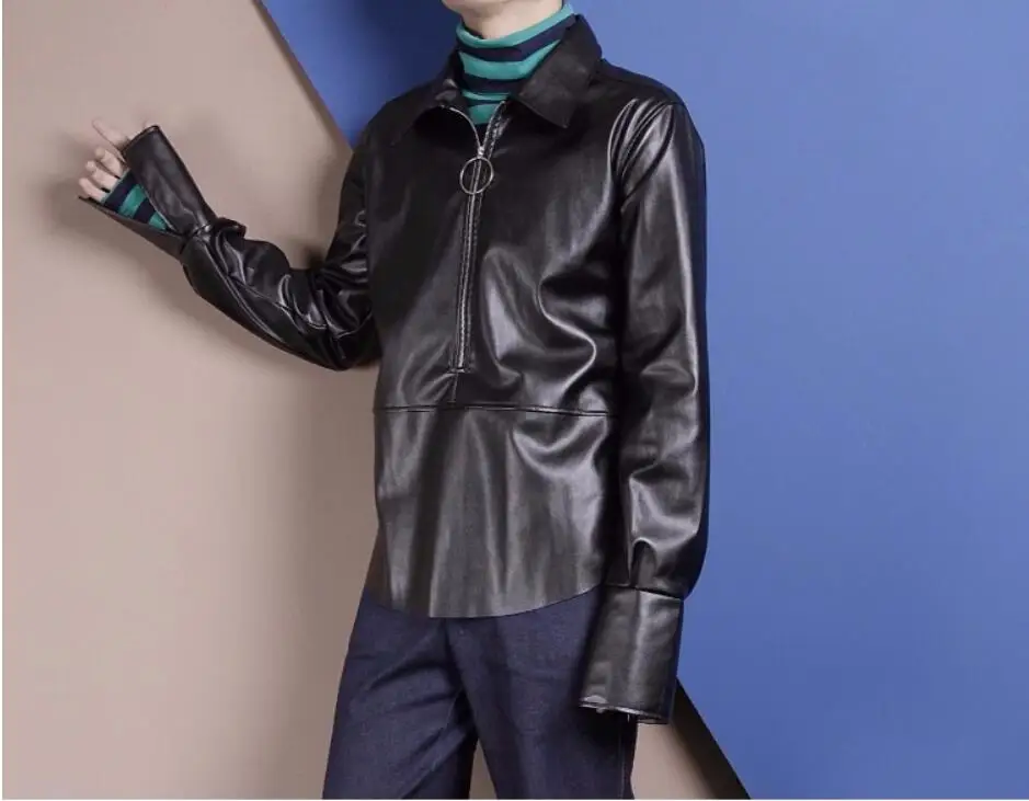 S-6XL! 2019 оригинальная металлическая молния, украшение, длинный рукав, лацканы, искусственная кожа, рубашка осень-зима, мужская одежда