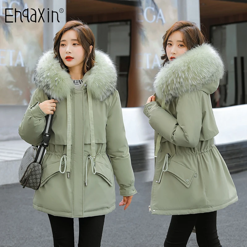 

EHQAXIN Winter Women's Hooded Down Jacket Fashion Plus Velvet Thickening Large Fur Collar Coat Cotton-Padded Jacket Female M-2XL