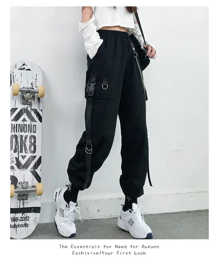 jean capris Gothic Women Cargo Pants Black Joggers High Waisted Harajuku Harem Pants Punk Goth Techwear Chain Trousers Female Hip Hop hot pants