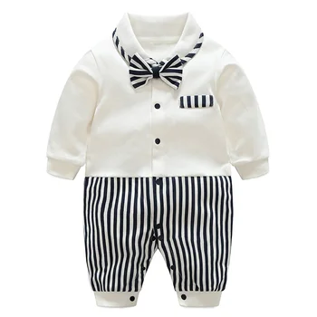 

hilittlekids Infant Baby Gentleman Stripe Long Sleeve Rompers Kids Boys suit With Bowknot Jumpsuit Newborn Clothes